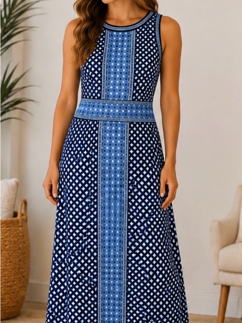 Max Studio Navy and Light Blue Patterned Maxi Dress